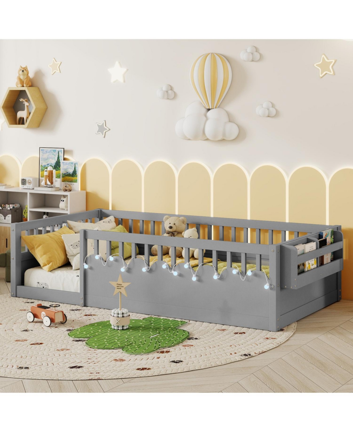 Rainsken Montessori Floor Bed with Storage Shelf and Light, No Slats Included