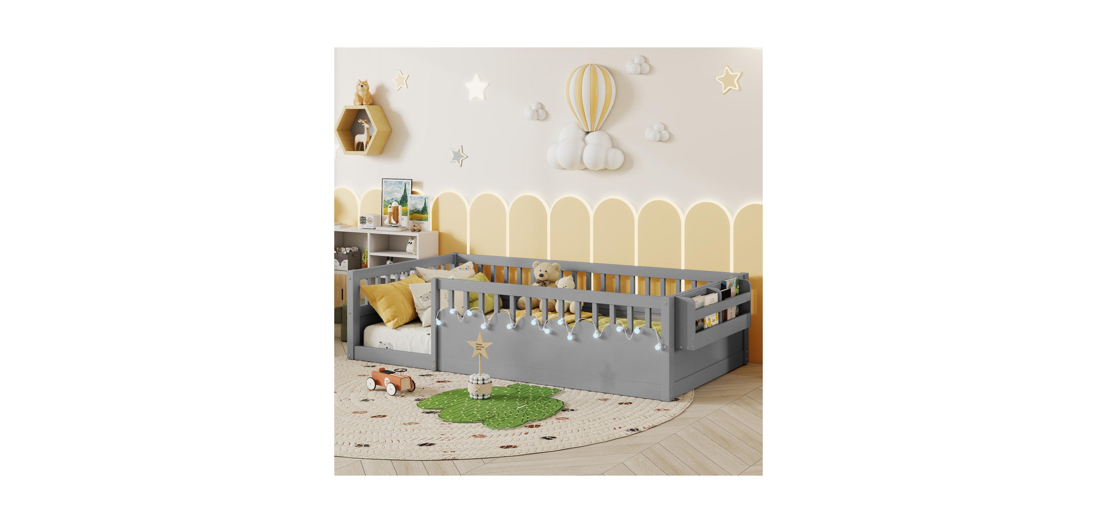 Rainsken Montessori Floor Bed with Storage Shelf and Light