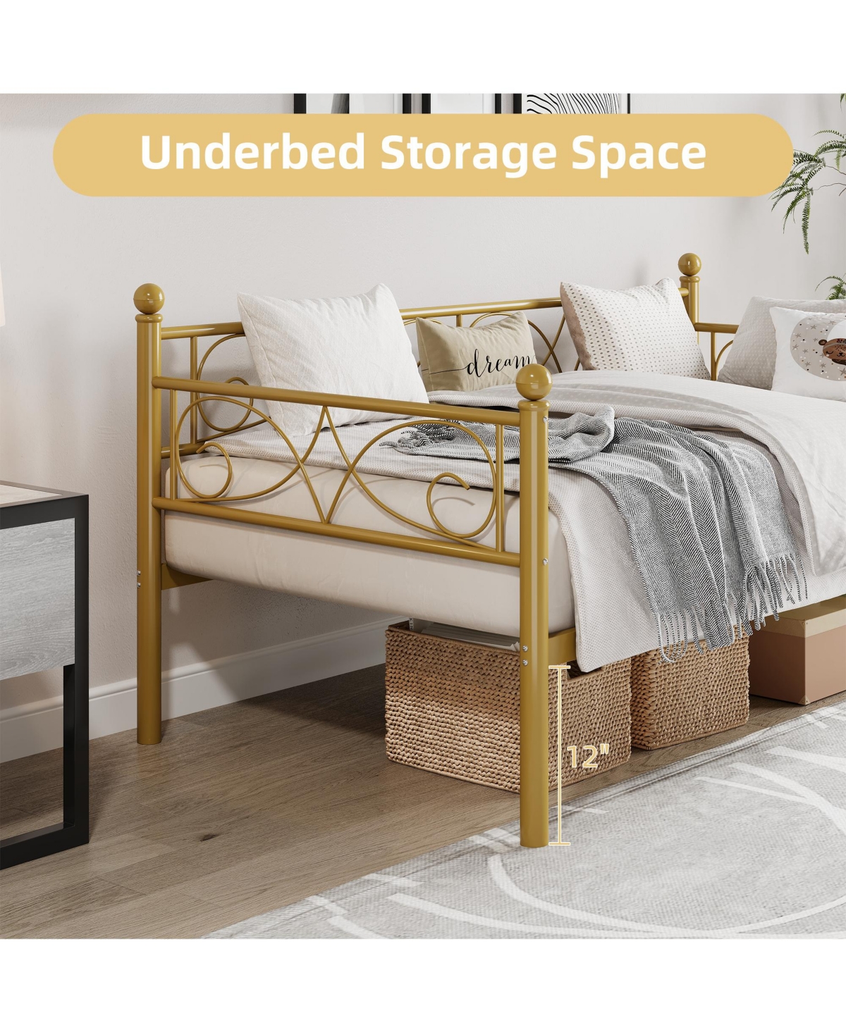 Homfan Metal Daybed Frame with Curved Flower Design, Metal Slat Support, Underbed Storage, No Box Spring Needed