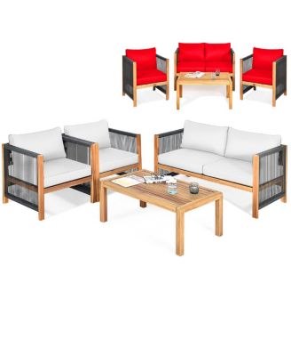4 PCS Wood Outdoor Patio Furniture Set with Cushions Cushion Cover Sets
