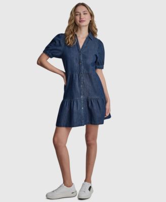 Women's Tiered Puff-Sleeve Collared Denim Cotton Mini Shirt-Dress