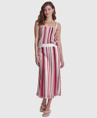 Women's Striped Pointelle Stitch Bandeau Knit Cotton Tank Top and Striped Midi Skirt