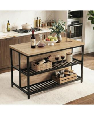 55-Inch Kitchen Island Table with Storage, 3-Tier Stationary Center Island Table with Metal Base, Farmhouse Rustic Kitchen Island