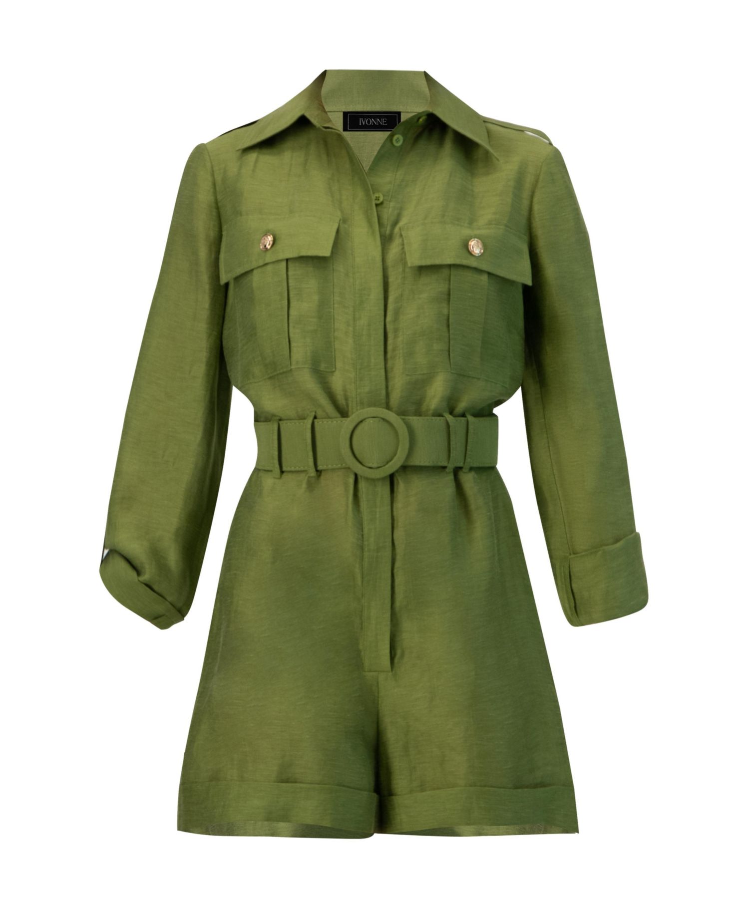 Women's Belted Linen Romper with Cargo Patch Pockets