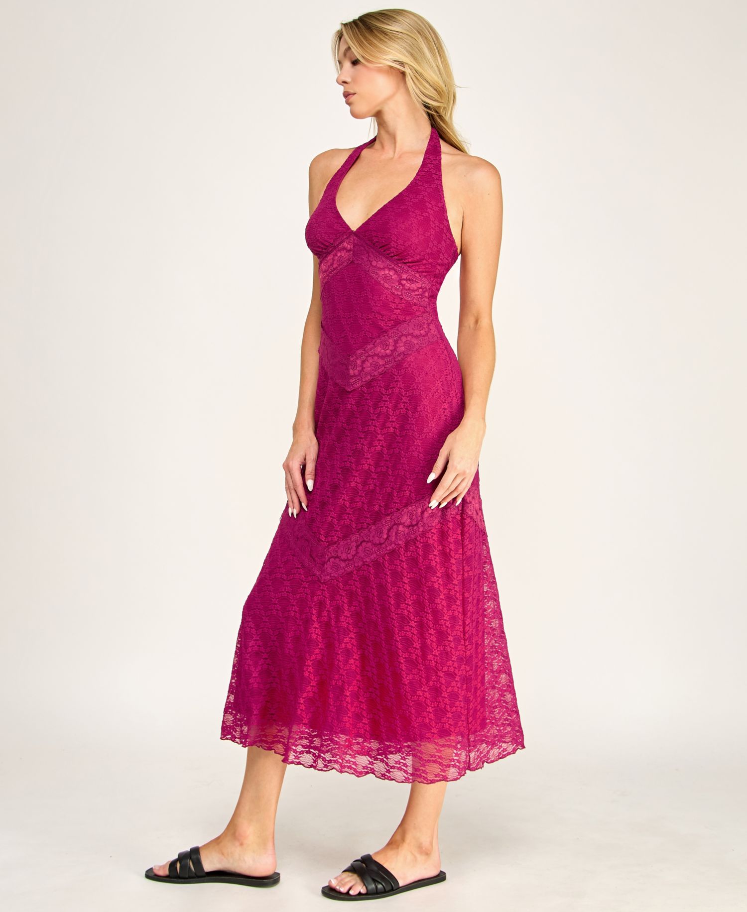 Juniors' Lace Detail Halter Neck Midi Dress