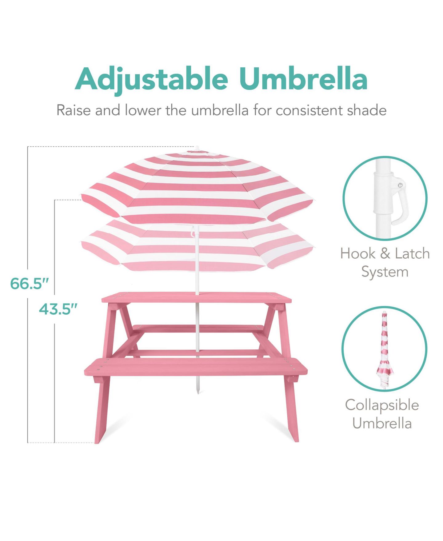 Детская игрушка Best Choice Products Wooden Picnic Table with Adjustable Umbrella, 220 lb. Capacity, Ages 3-7, цвет: Розовый — фото 4