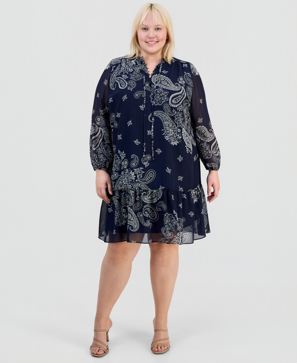 Robbie Bee Plus Printed Chiffon Tie-Neck Tiered Dress