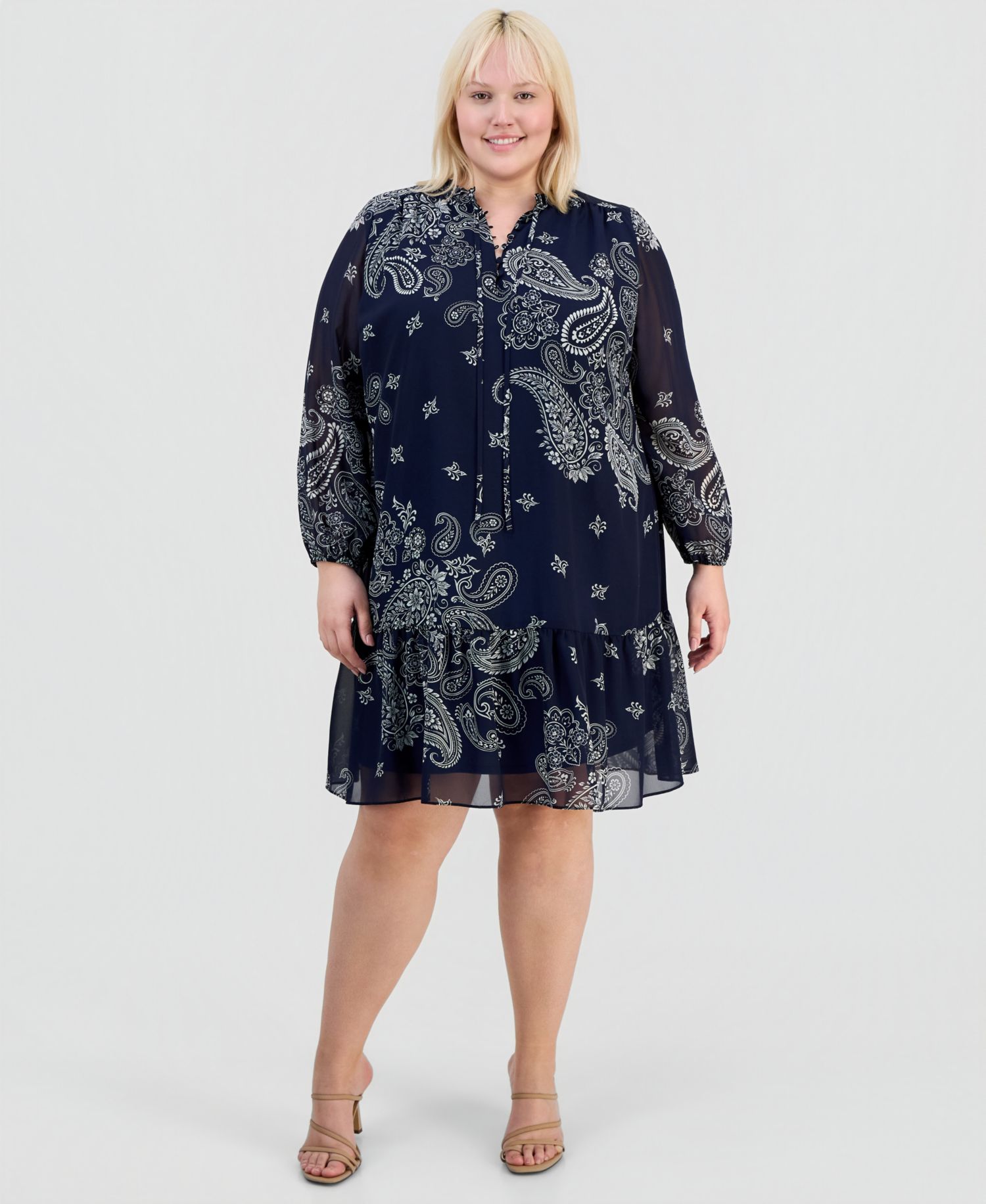 Plus Size Printed Chiffon Tie-Neck Tiered Dress