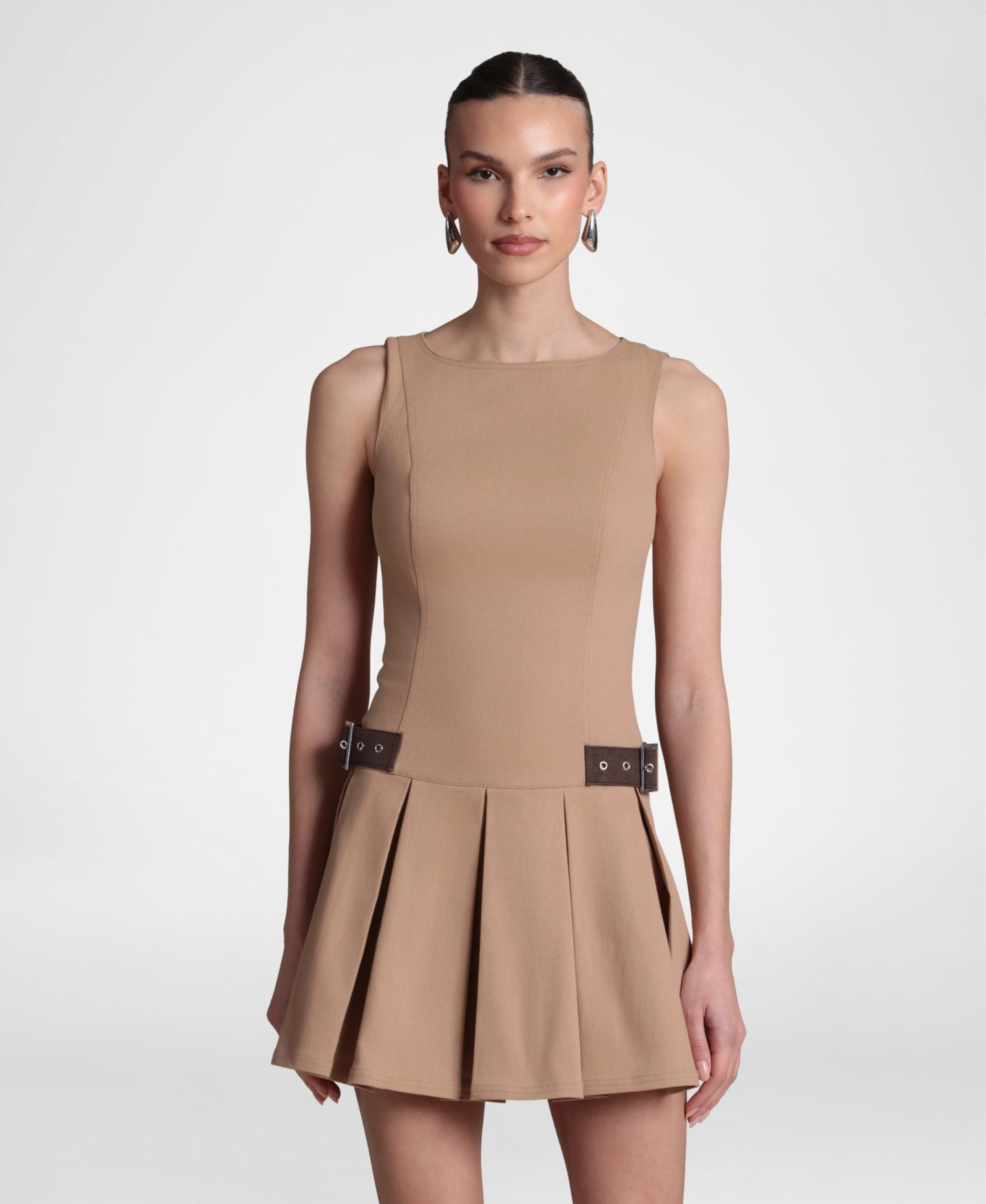 Women's Stretched Cotton Boat Neck Pleated Mini Dress
