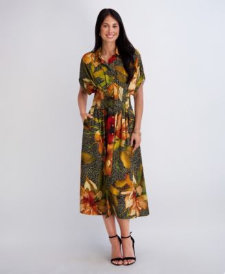 Women's Button-Front Collared Neck Midi Shirt-Dress