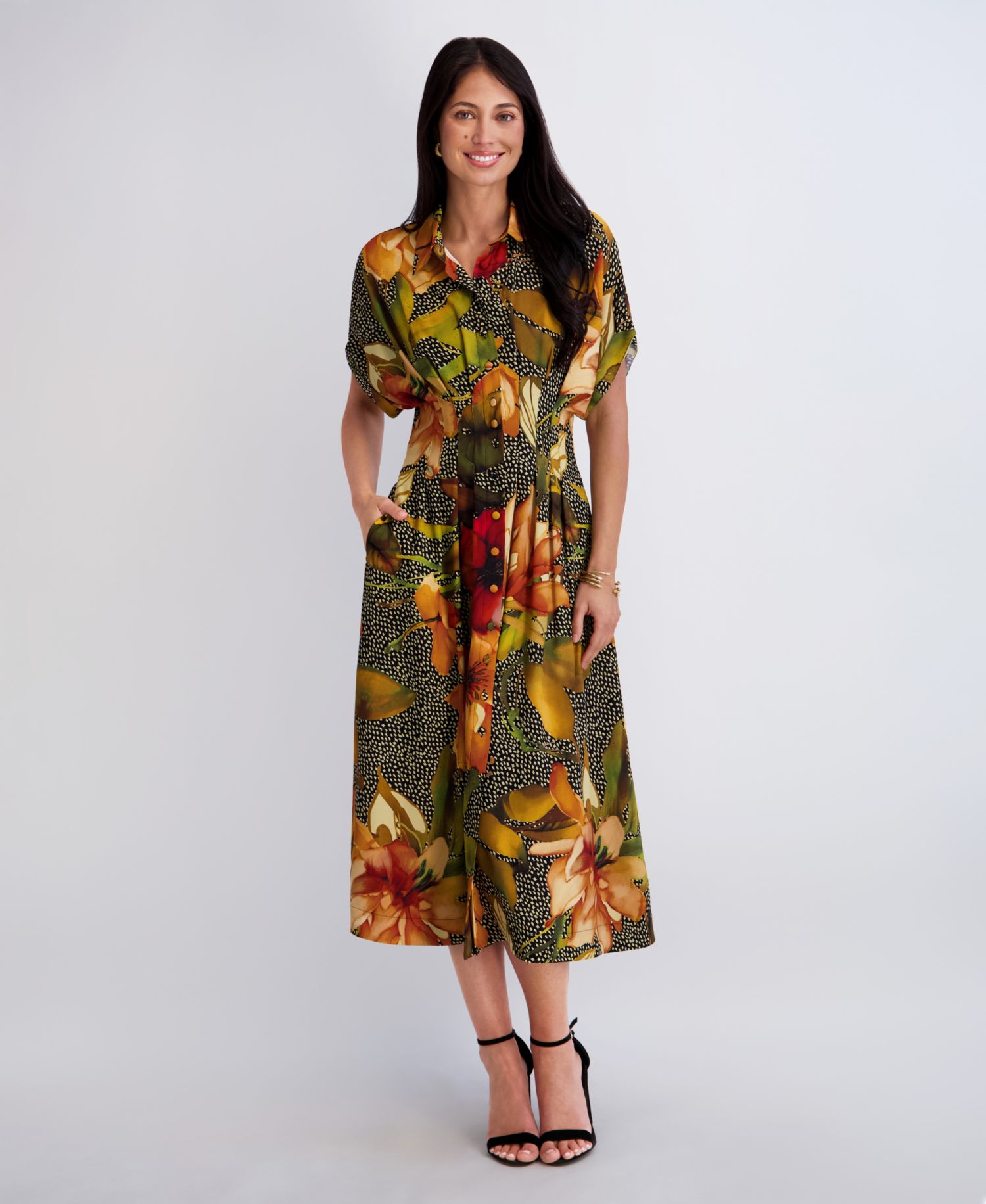 Women's Button-Front Collared Neck Midi Shirt-Dress