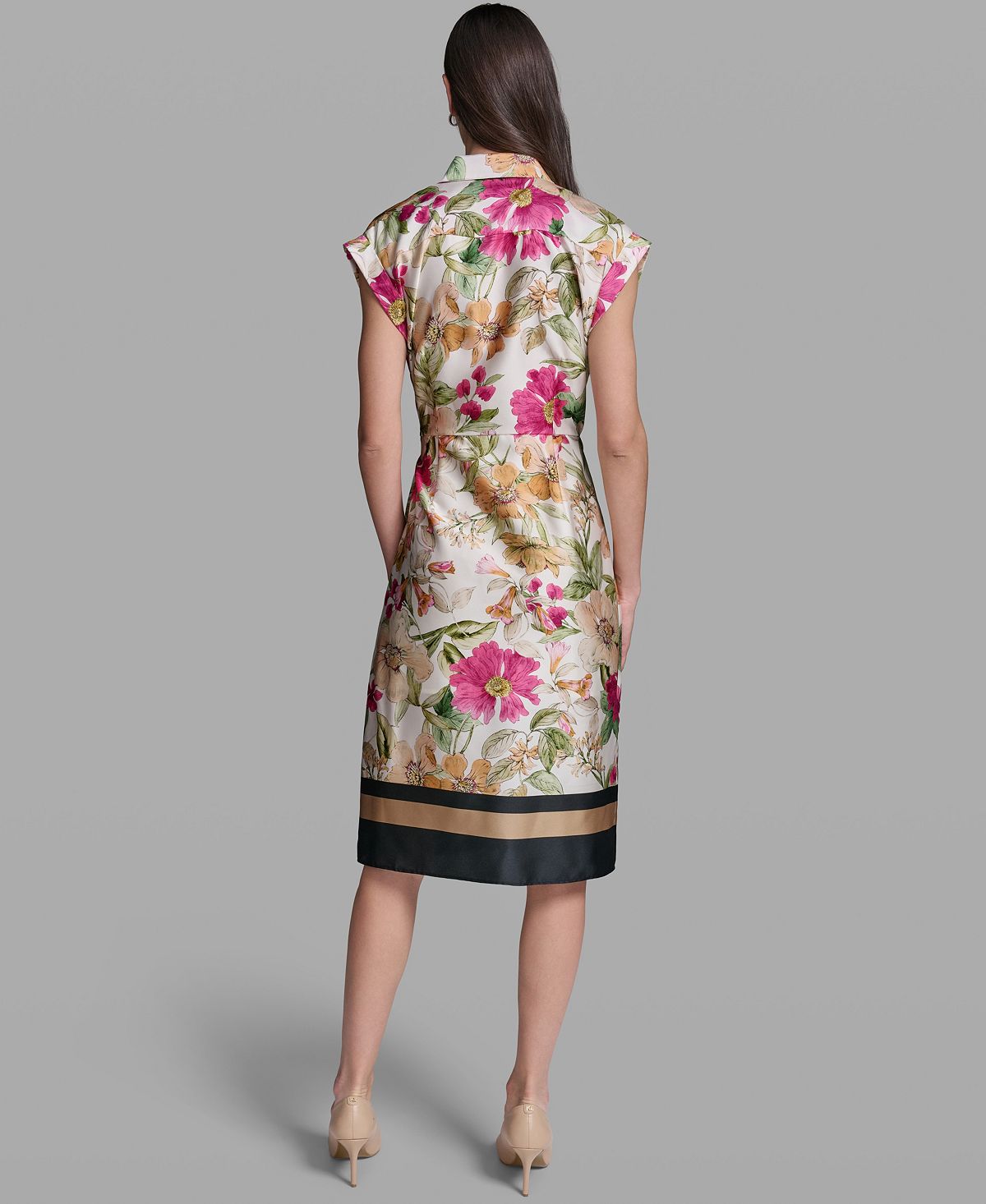 KARL LAGERFELD PARIS Women's Floral Print Short-Sleeve Side-Tie Dress view 5 — MAYCSS fashion products