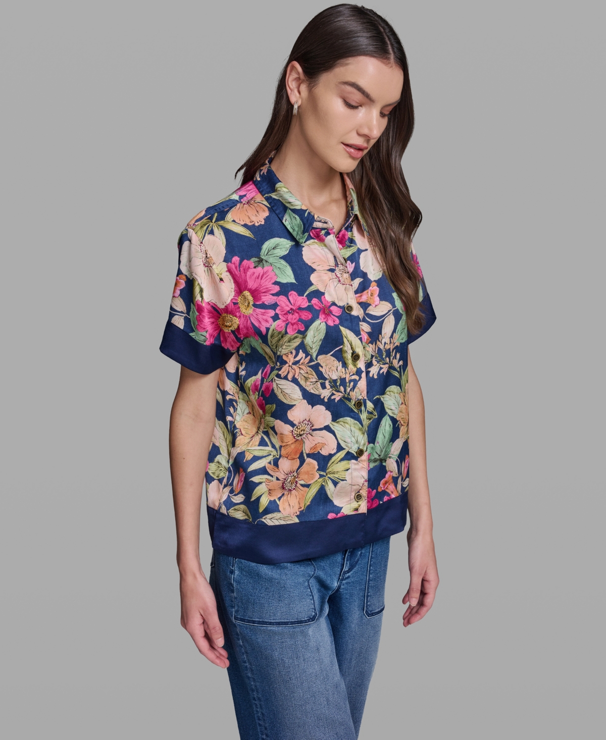 Karl Lagerfeld Paris Women's Short-Sleeve Printed Camp Shirt
