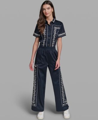 Karl Lagerfeld Paris Womens Short Sleeve Embroidery Shirt Mid Rise Embroidery Pants