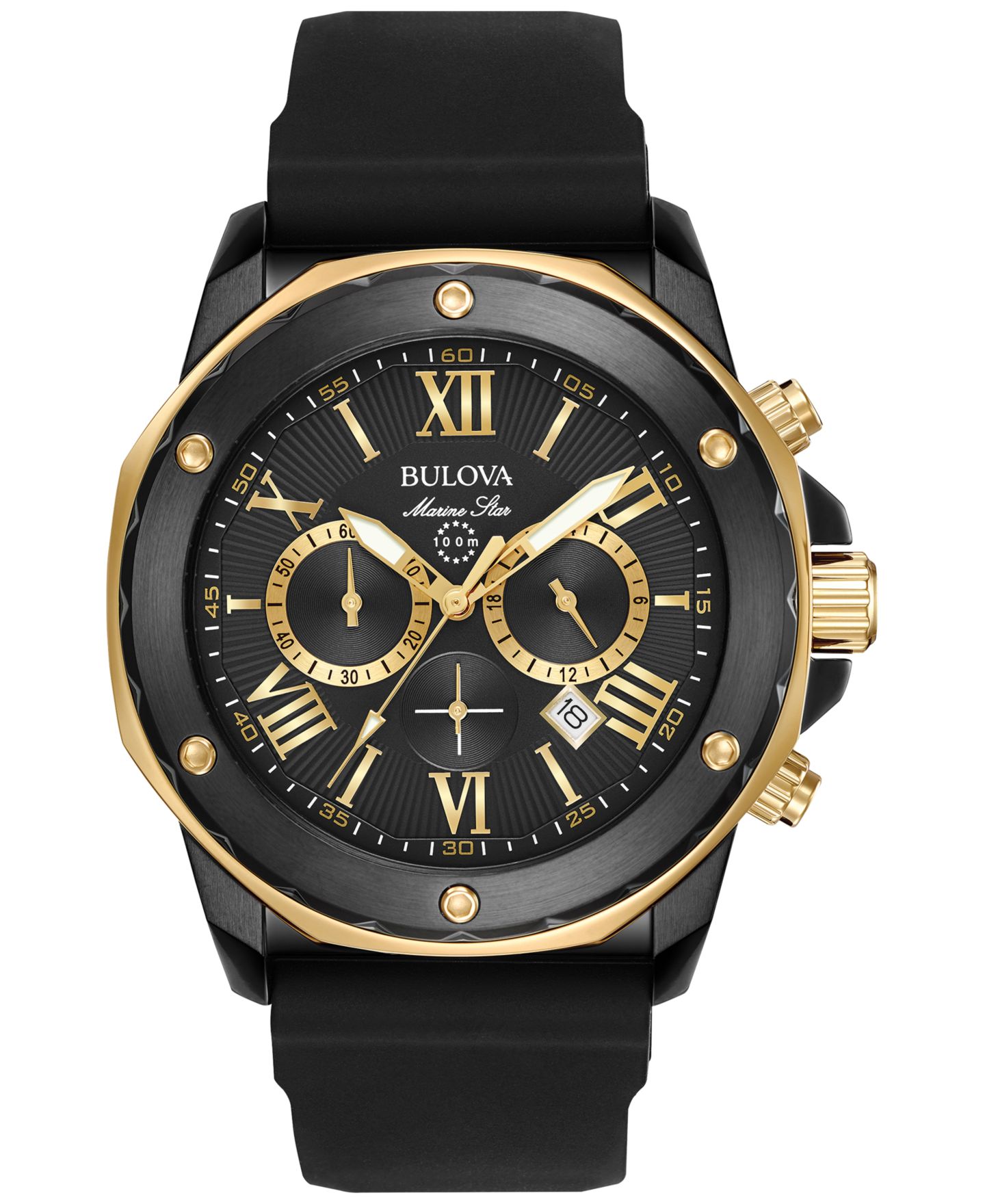 Мужские часы Bulova Chronograph Marine Star Black Silicone Strap Watch 44mm 98B278 — фото 1