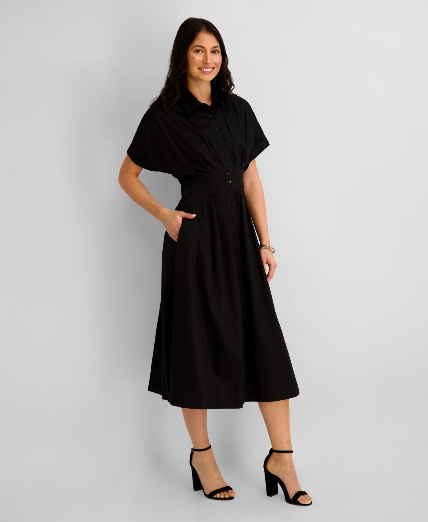 Women's Button-Front Cinched Waist Cotton Midi Shirt-Dress
