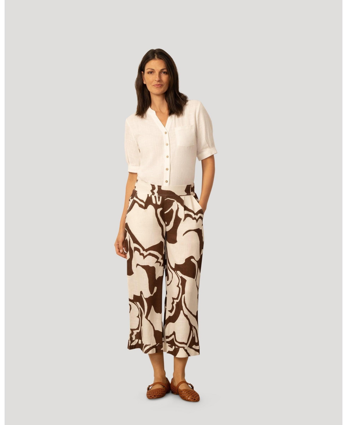 Cable & Gauge Women's Printed Linen Blend Pull On Crop Pant