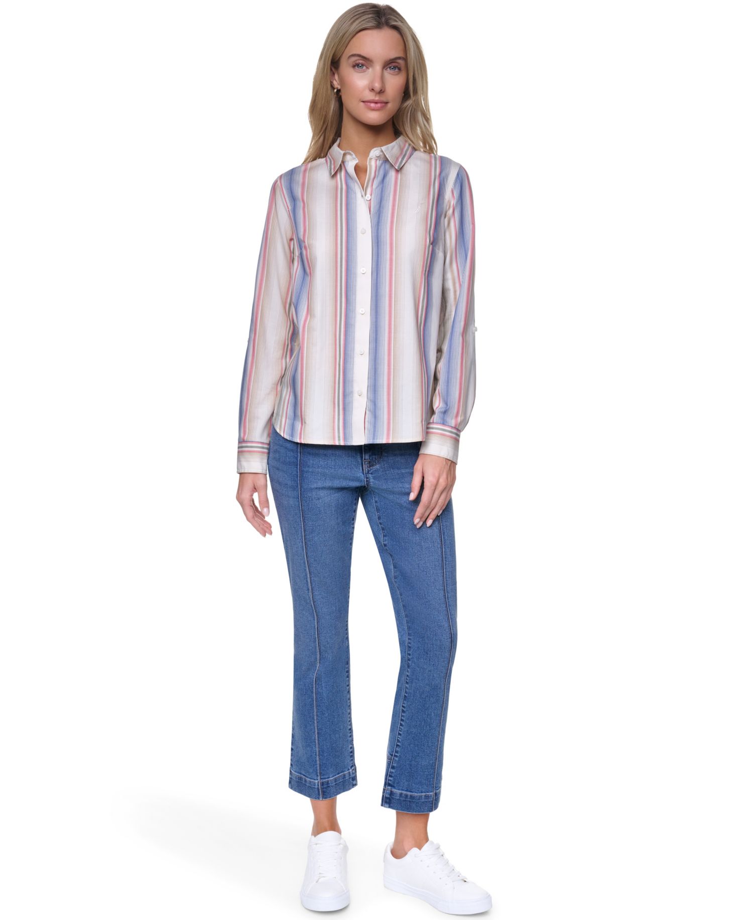 Women's Cotton-Blend Roll-Tab Button-Front Shirt