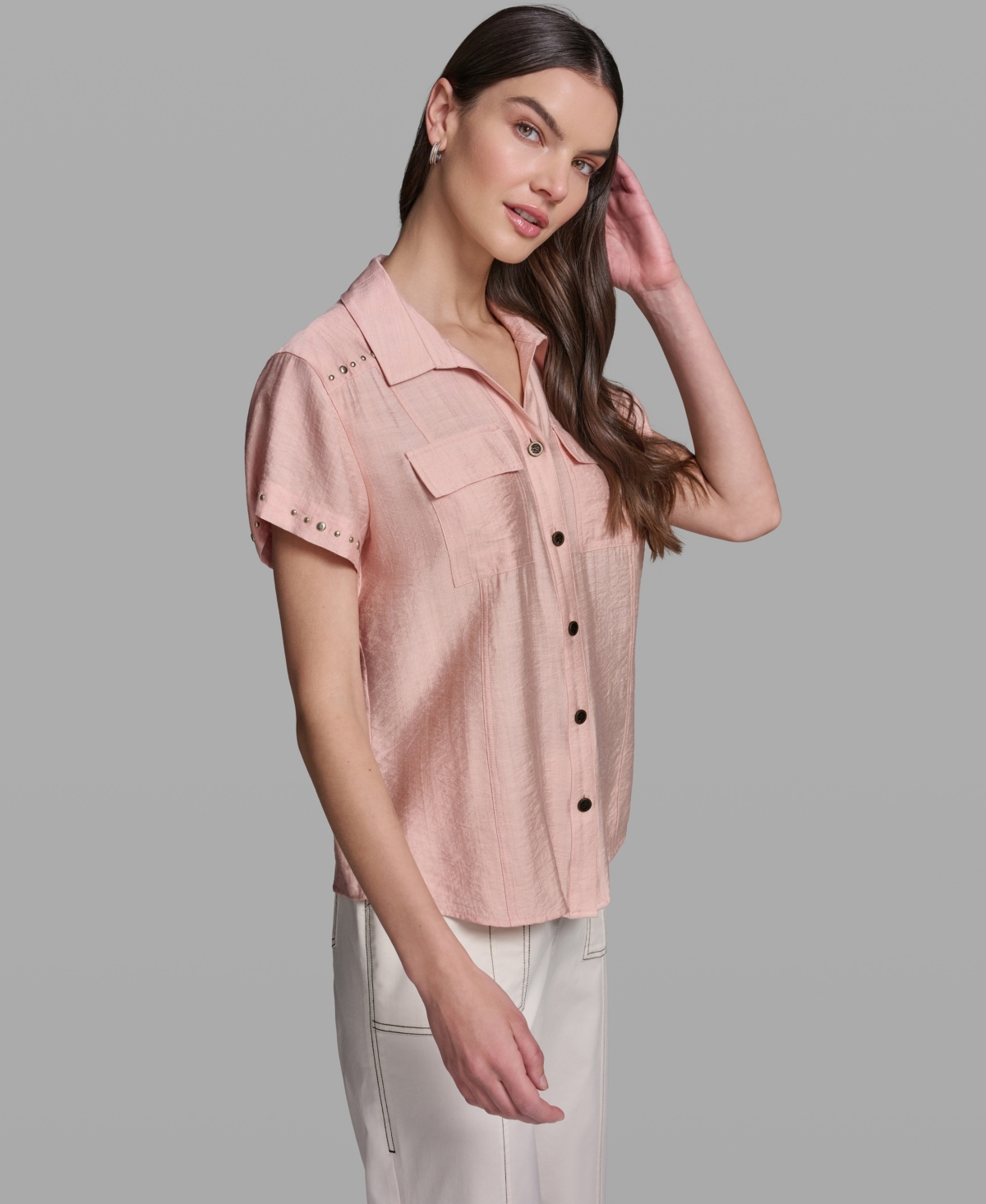 Karl Lagerfeld Paris Women's Short-Sleeve Camp Collar Shirt