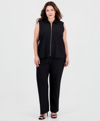 Plus Size Pull-On Pinstripe Wide-Leg Trousers