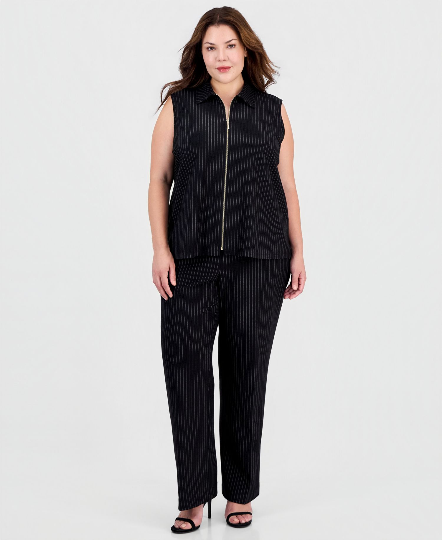 Plus Size Pull-On Pinstripe Wide-Leg Trousers