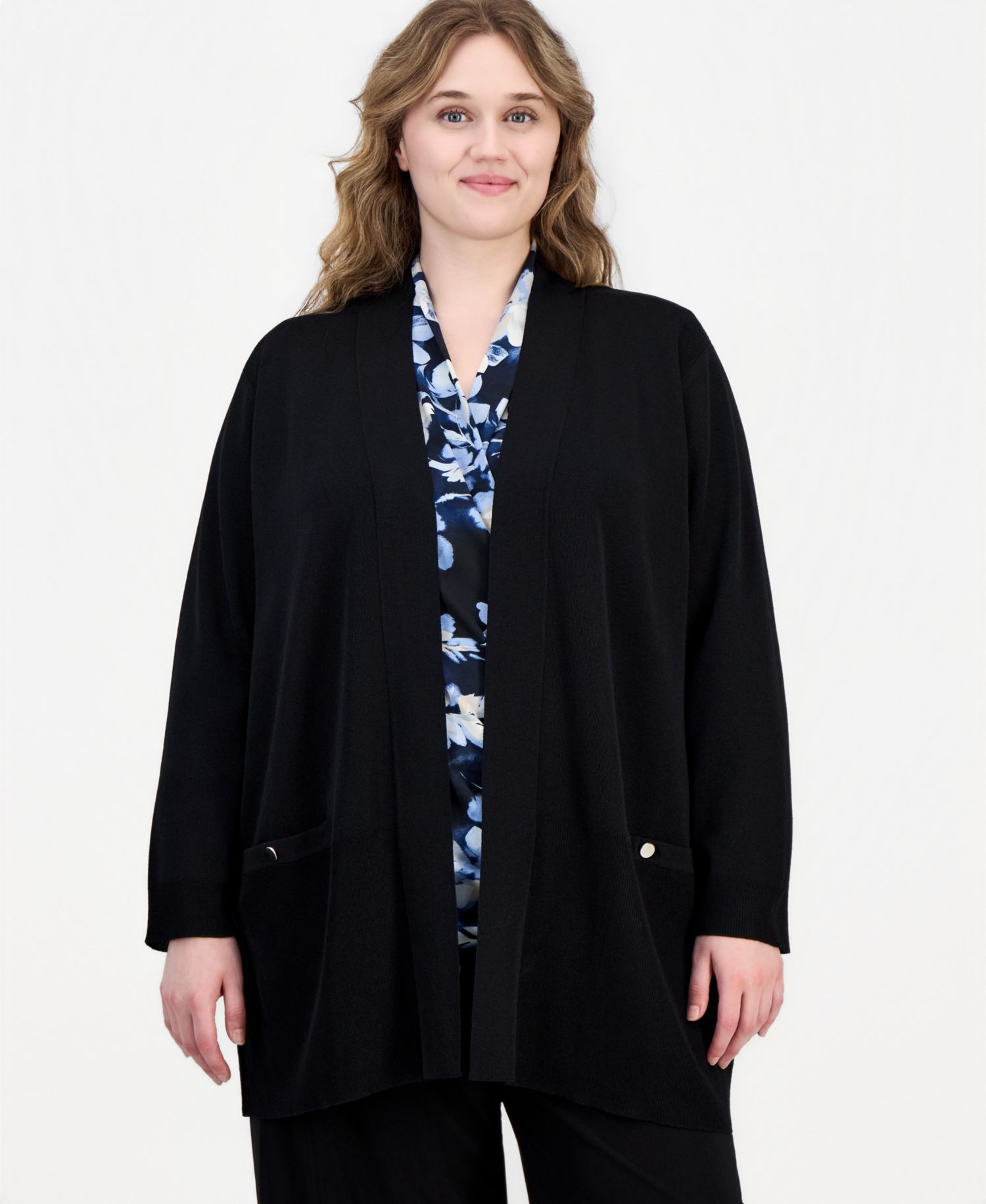 Plus Size Collarless Open-Front Cardigan
