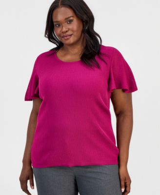 Plus Size Crewneck Flutter-Sleeve Rib-Knit Sweater