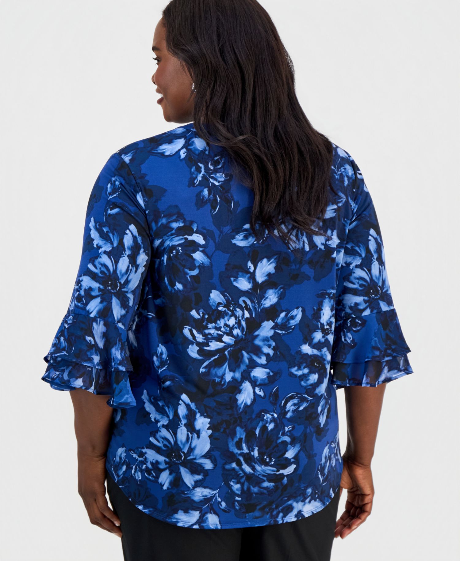 Plus Size Split-Neck Printed Flutter-Sleeve Top