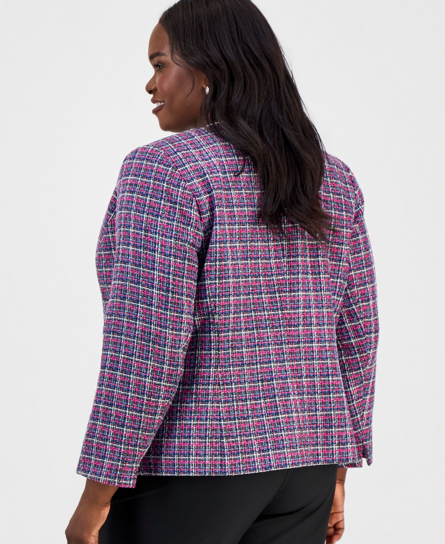 Plus Size Tweed Open-Front Long-Sleeve Jacket
