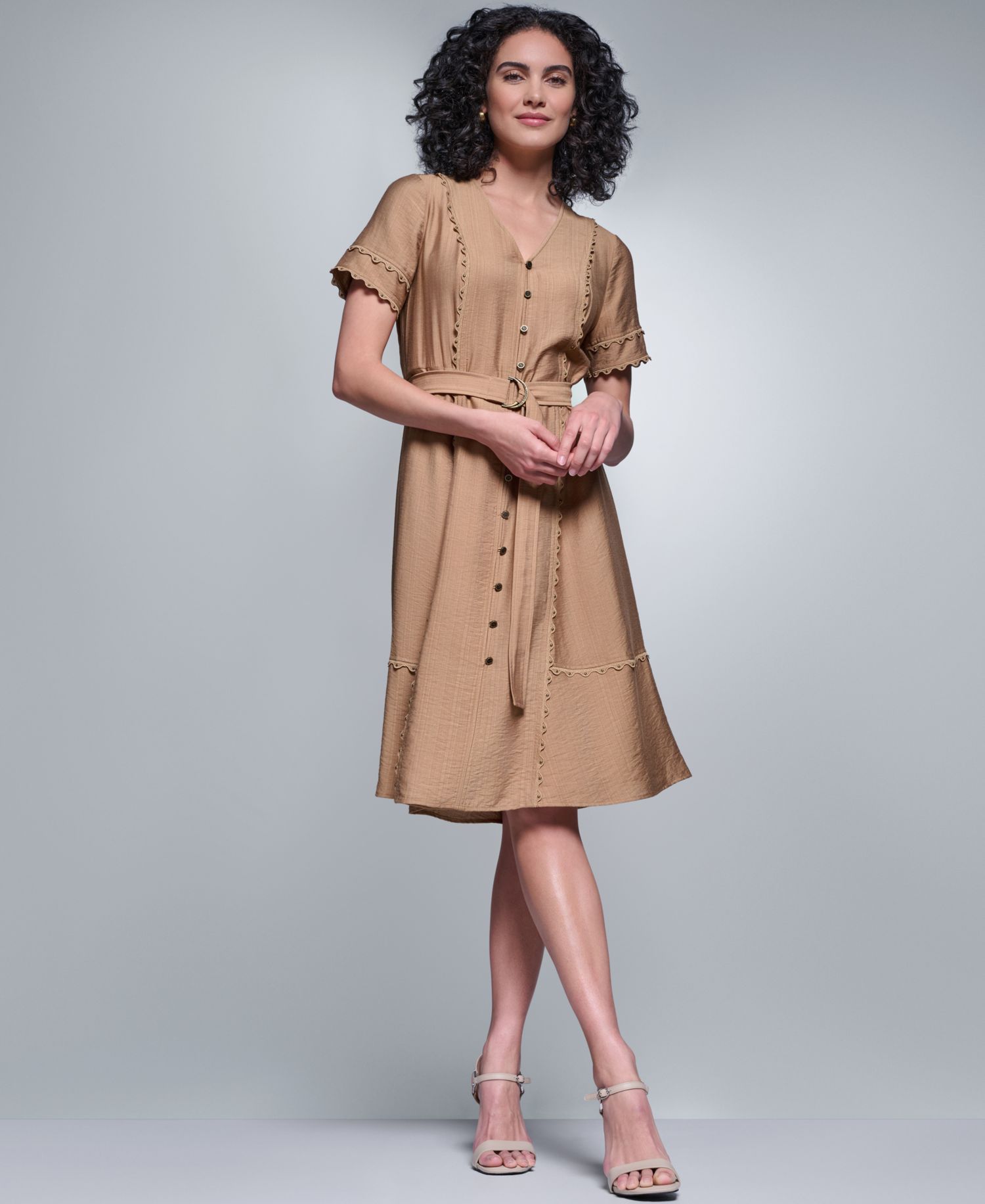 Women's Belted Nailhead Trim V-Neck Dress