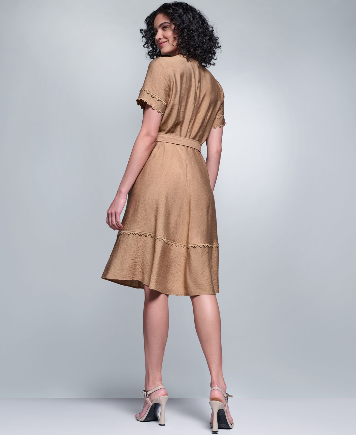 Women's Belted Nailhead Trim V-Neck Dress