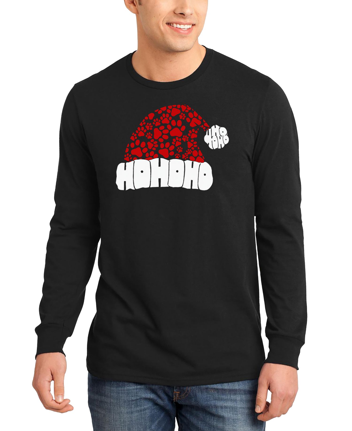 Men's Santa Hat Paw Print Word Art Long-Sleeve T-Shirt