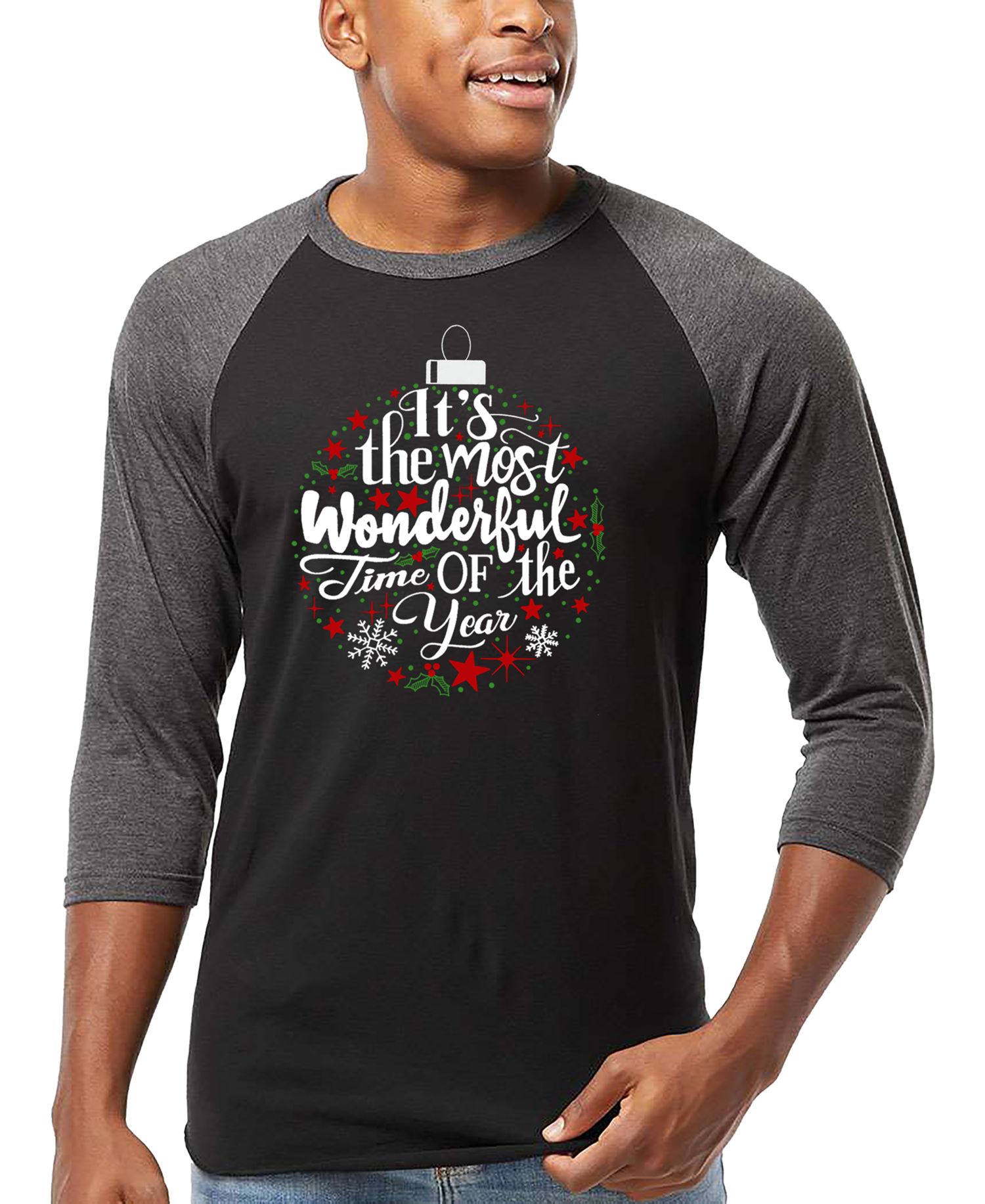 Men's Christmas Ornament Raglan Baseball Word Art T-Shirt