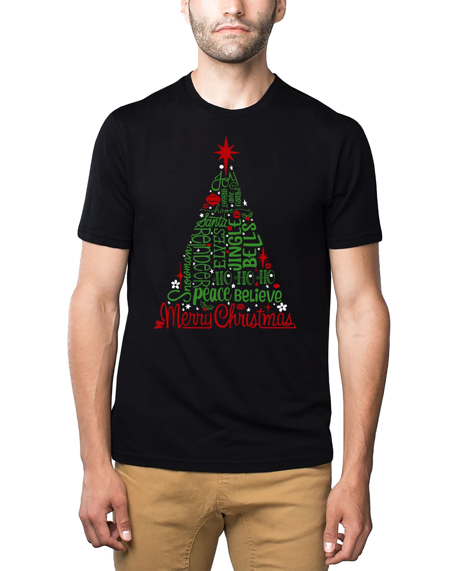 Men's Holiday Christmas Tree Word Art Cotton and Polyester Blend T-Shirt