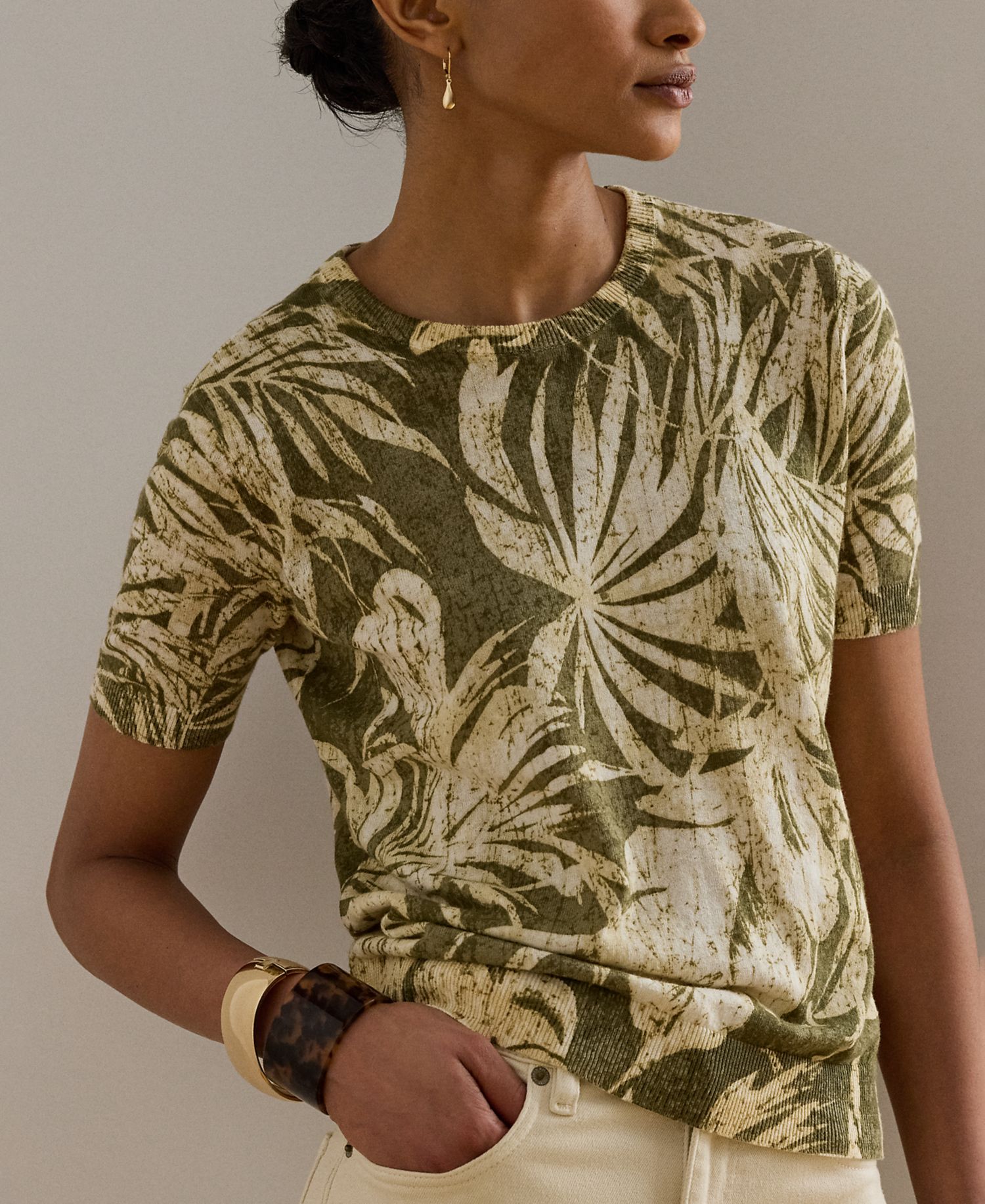 Petite Palm Frond Print Short-Sleeve Sweater