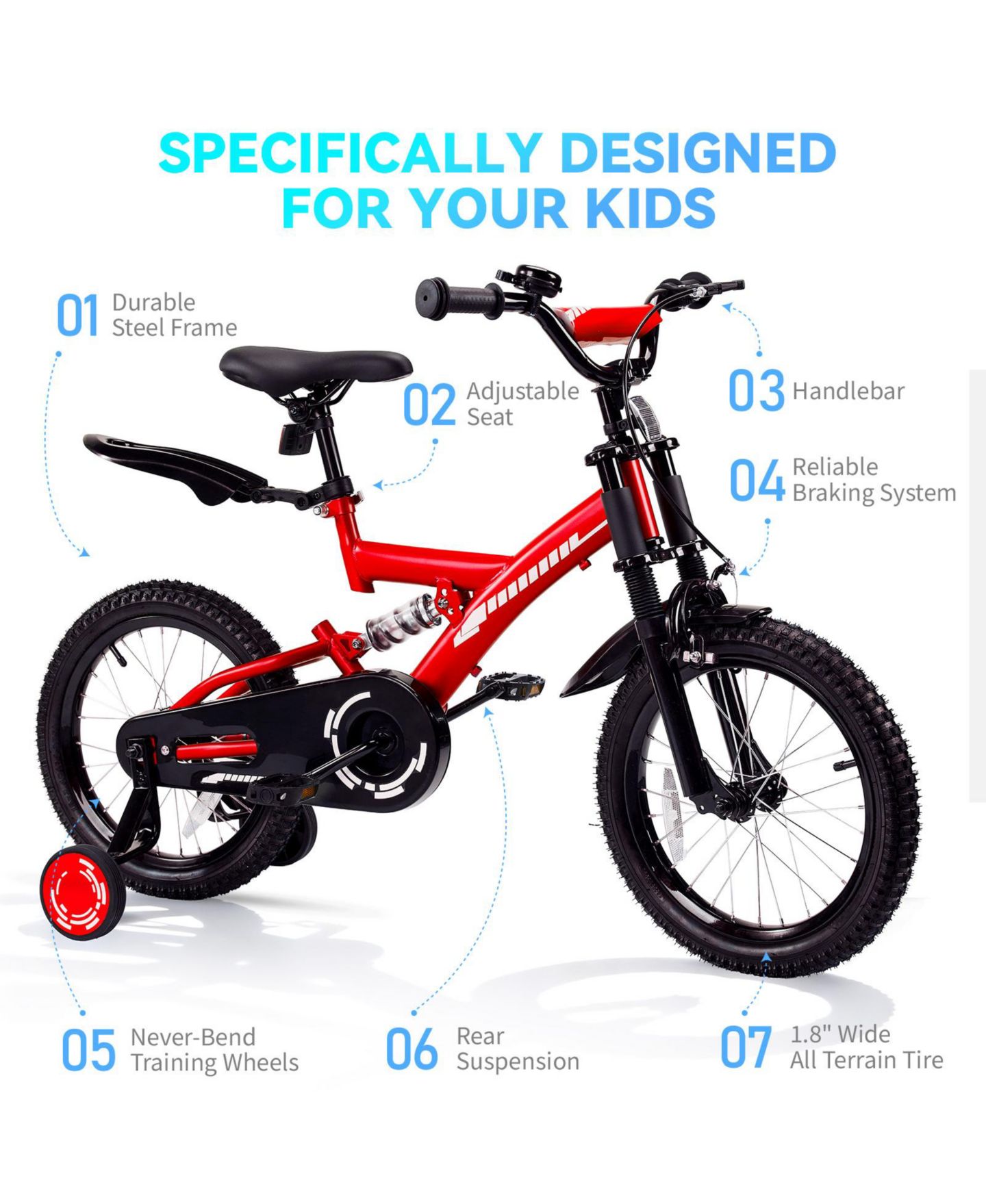 Детская игрушка SUGIFT 18" Kids Bike with Adjustable Seat, Dual Brakes & Training Wheels, Ages 6–9, цвет: Красный — фото 4