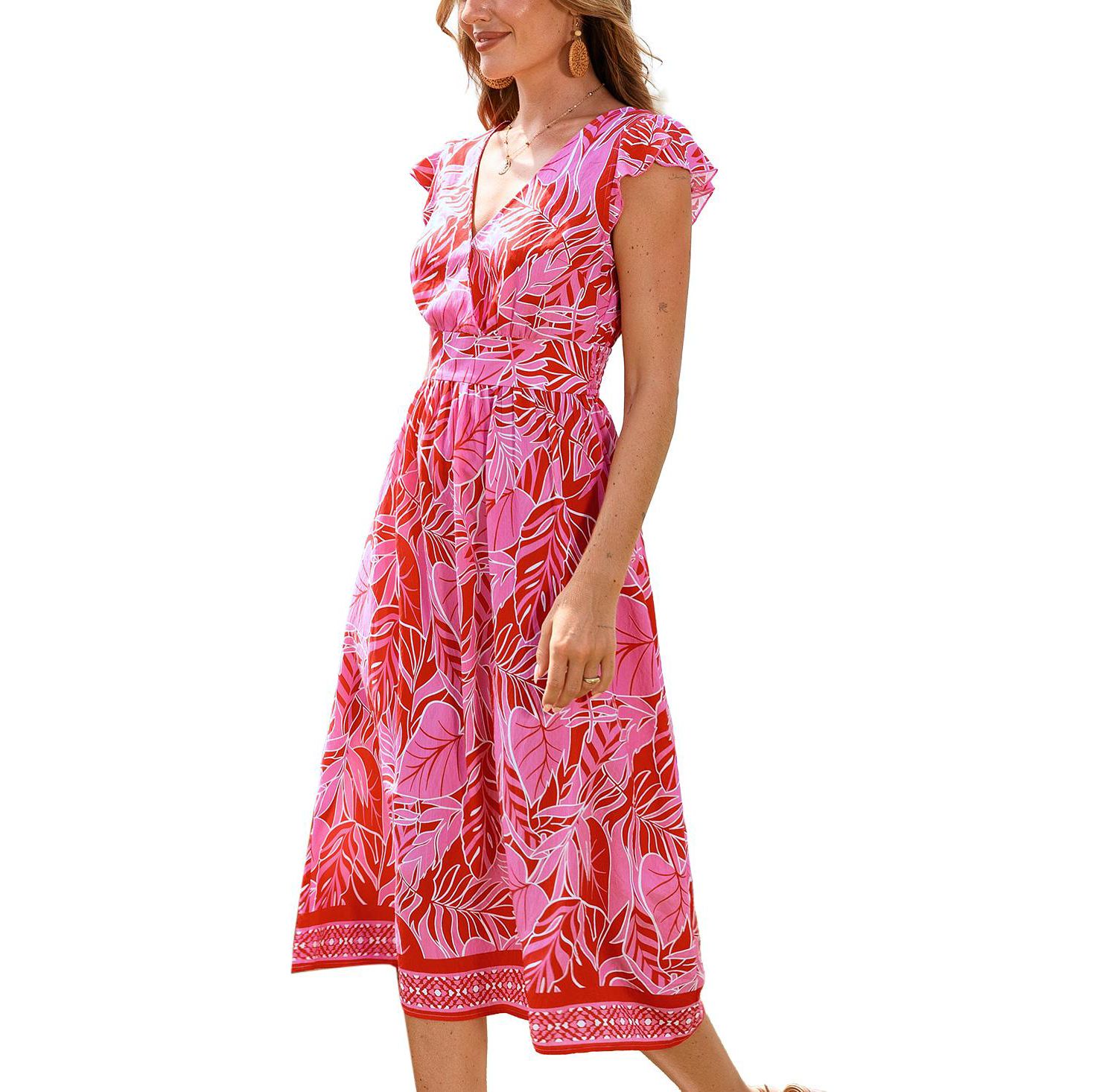 Women's Printed V-Neck Flutter Sleeve Beach Dress