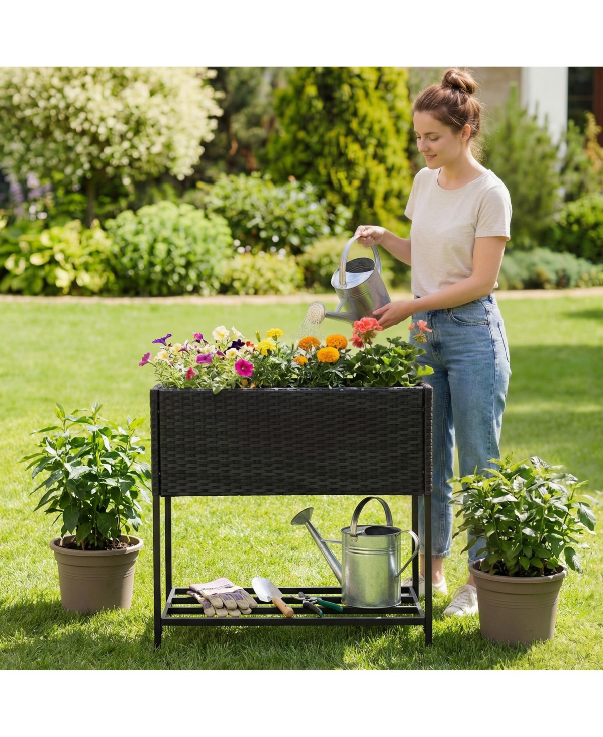 Gymax Elevated Planter Box Raised Garden Bed Rattan Surface Bottom Storage Shelf