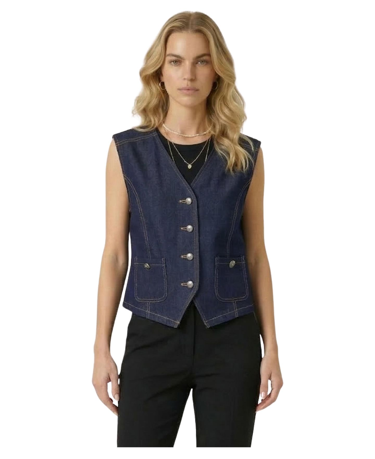Женский жилет Modenaire Denim Button-Front Patch Pocket, цвет: Тёмный индиго — фото 1