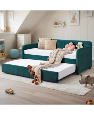 Twin Daybed with Trundle, Velvet Upholstered Sofa Bed Frame with USB Port, Side Pockets and Wood Slat Support for Living Room