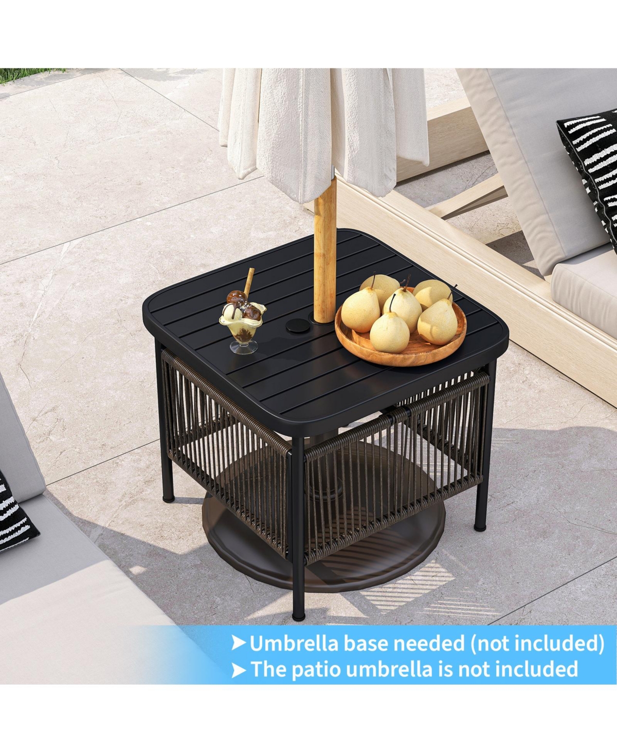 Sugift Outdoor Side Table with Umbrella Hole and Storage Shelf