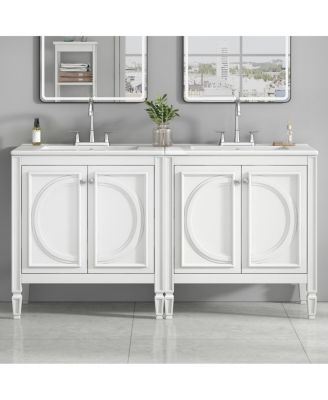 60 Inch Vintage Double Sink Bathroom Vanity Set, Ceramic Top, Soft Close Doors, Adjustable Shelves for Bathroom