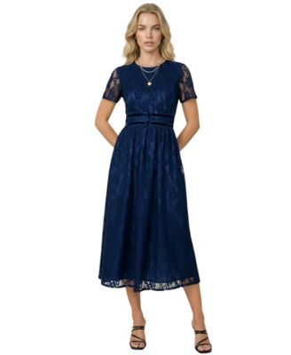Women's Lace Midi Dress with Sheer Short Sleeves and Velvet Waistband