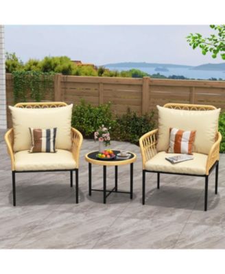 3-Piece Patio Bistro Set with Cushions and Glass Top Table