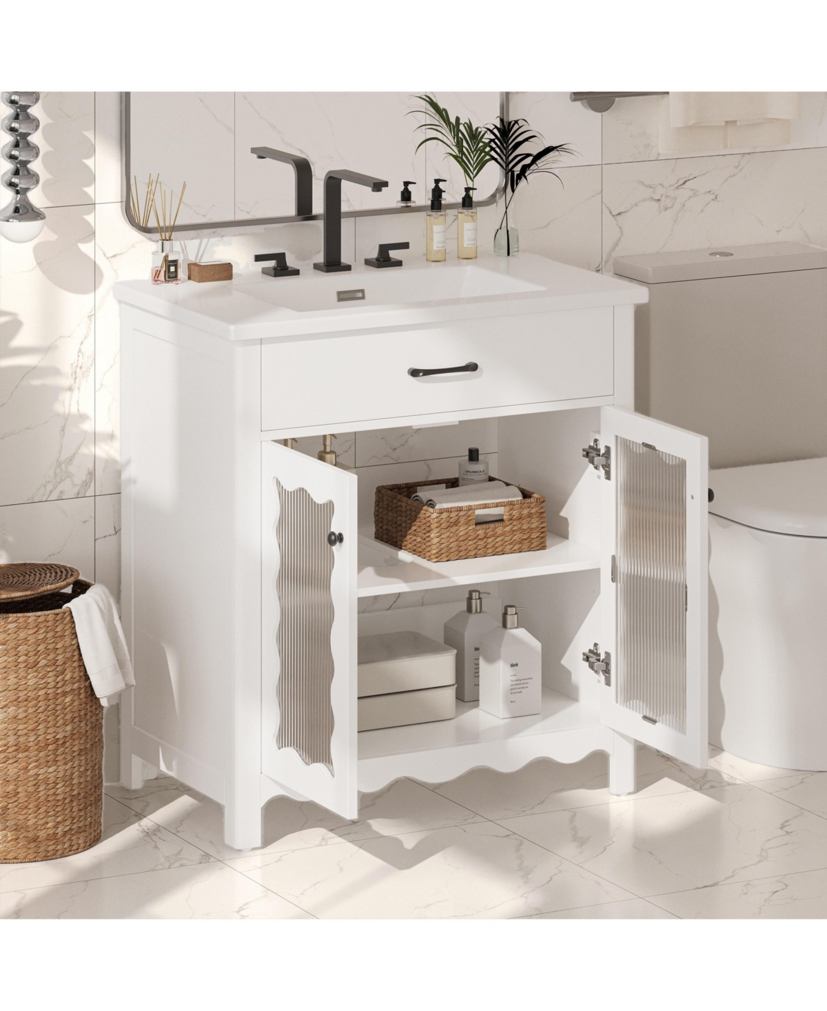 Busdays 30 Inch Bathroom Vanity with Tempered Glass Top Modern Cabinet Rubber Wood Legs Soft Close Doors White Freestanding Storage Vanity