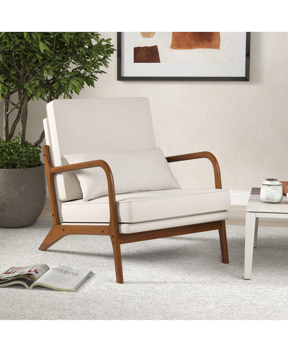 Slickblue Modern Upholstered Accent Chair with Rubber Wood Arms and Removable Backrest