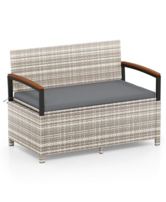 Outdoor Storage Bench w/Cushion Backrest and Acacia Wood Armrests Hidden Storage