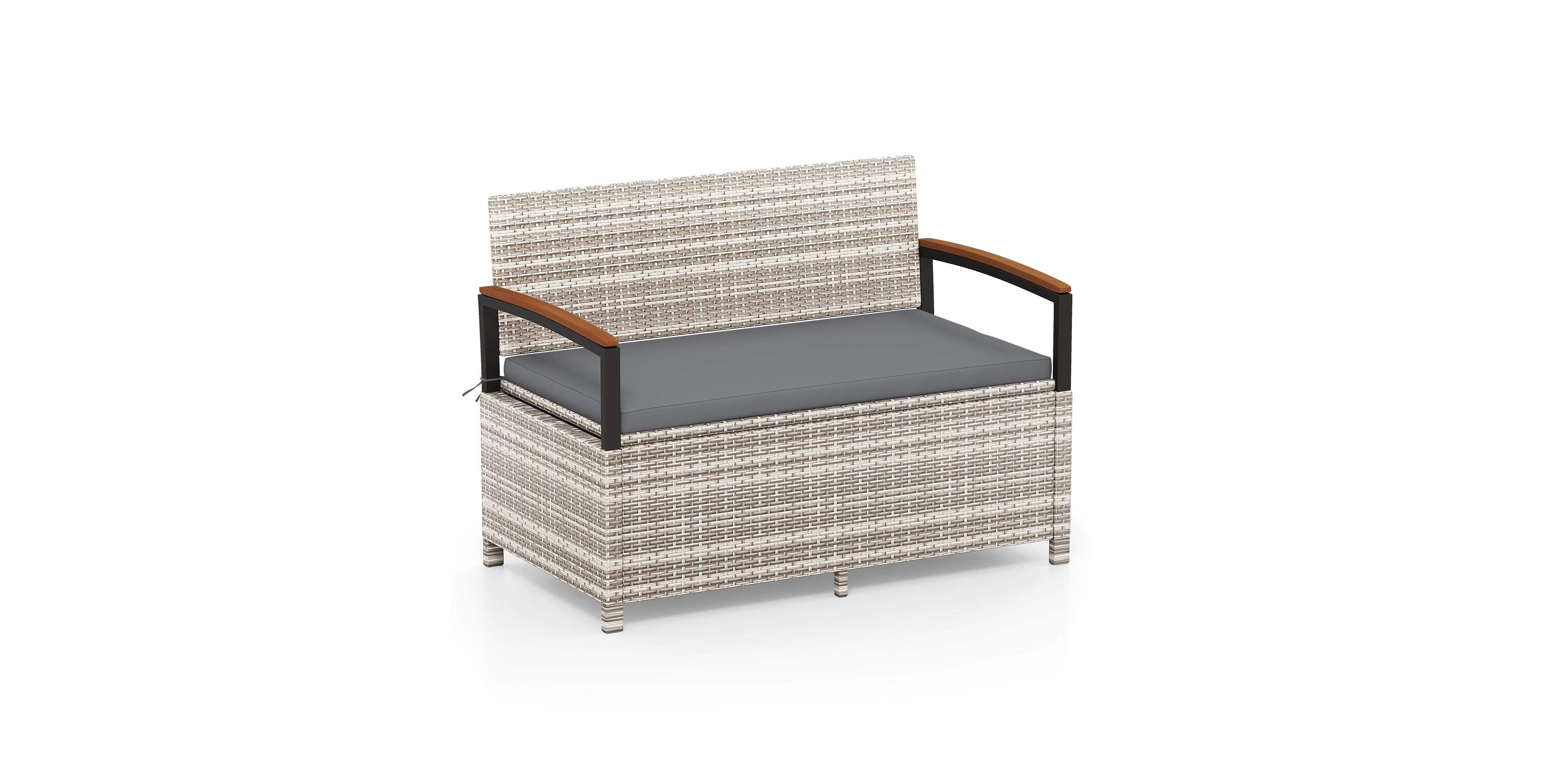 Gymax Outdoor Storage Bench w/Cushion Backrest and Acacia Wood Armrests Hidden Storage