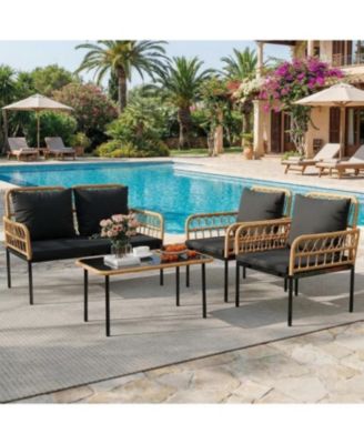 4-Piece Patio Seating Set with Glass Coffee Table,  Wicker and Cushions