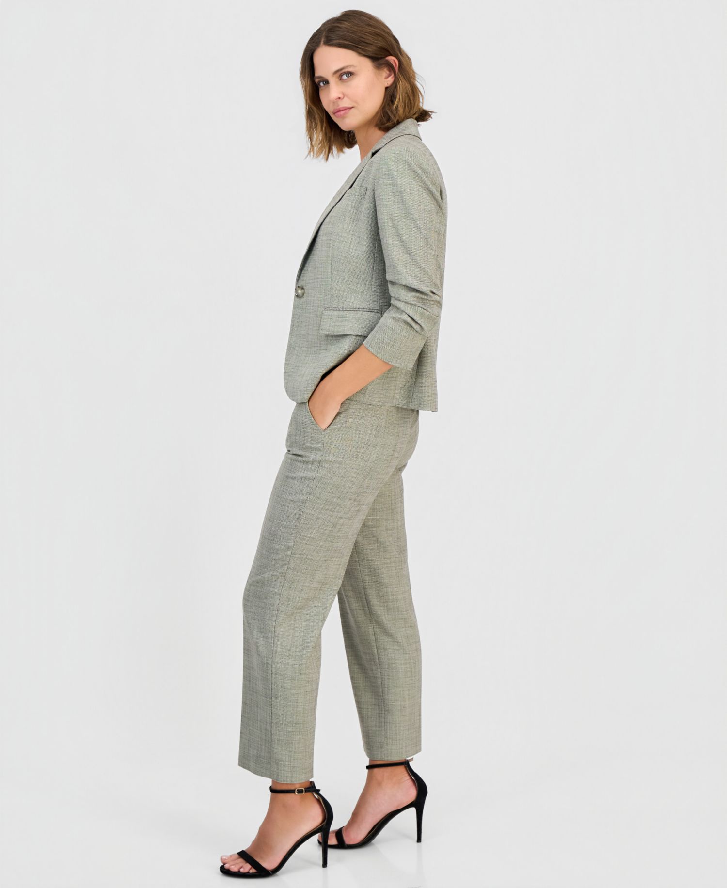 Scrunch-Sleeve Blazer & Sequinned Camisole & Ankle Pants